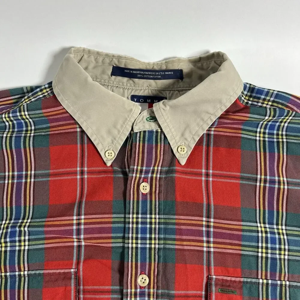 VTG‎ Tommy Hilfiger Men's Red Plaid Woven Cotton Button-Up Shirt LS Pockets L/G